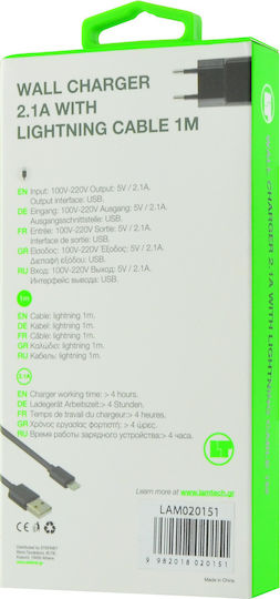 Lamtech Φορτιστής με Θύρα USB-A και Καλώδιο Lightning Μαύρος (LAM020151)