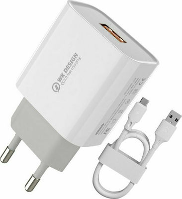 WK Φορτιστής με Θύρα USB-A και Καλώδιο USB-C 18W Quick Charge 3.0 Λευκός (WP-U57)