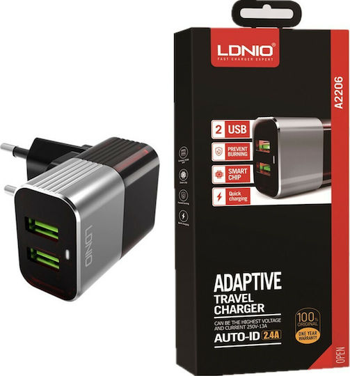 Ldnio Charger Without Cable with 2 USB-A Ports Blacks (A2206)