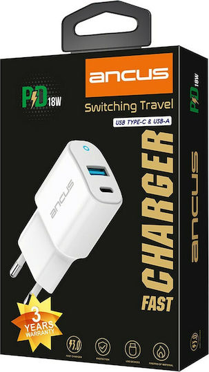 Ancus Φορτιστής Χωρίς Καλώδιο με Θύρα USB-A και Θύρα USB-C 18W Power Delivery Λευκός (72338)