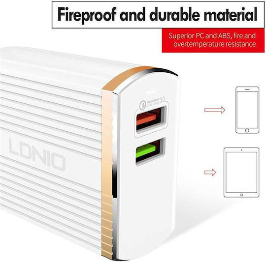 Ldnio Φορτιστής με 2 Θύρες USB-A και Καλώδιο Lightning 30W Quick Charge 3.0 Λευκός (A2502Q)