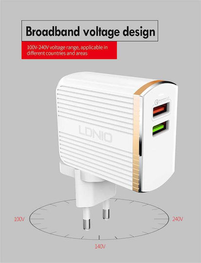 Ldnio Φορτιστής με 2 Θύρες USB-A και Καλώδιο Lightning 30W Quick Charge 3.0 Λευκός (A2502Q)