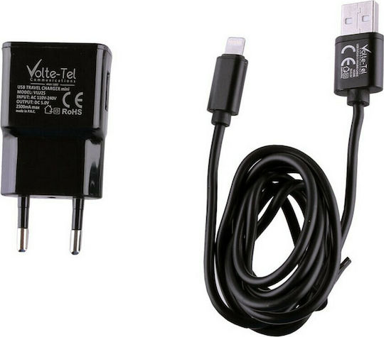 Volte-Tel Ladegerät mit USB-A Anschluss und Kabel Blitzschlag Schwarzs (VCD05+VLU25)