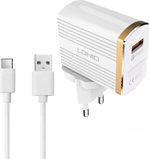 Ldnio Charger with USB-C Port and Cable USB-C 18W Power Delivery Whites (A1302Q-C)