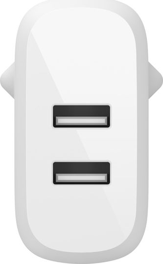 Belkin Φορτιστής με 2 Θύρες USB-A και Καλώδιο USB-C 24W Λευκός (Boost Charge)
