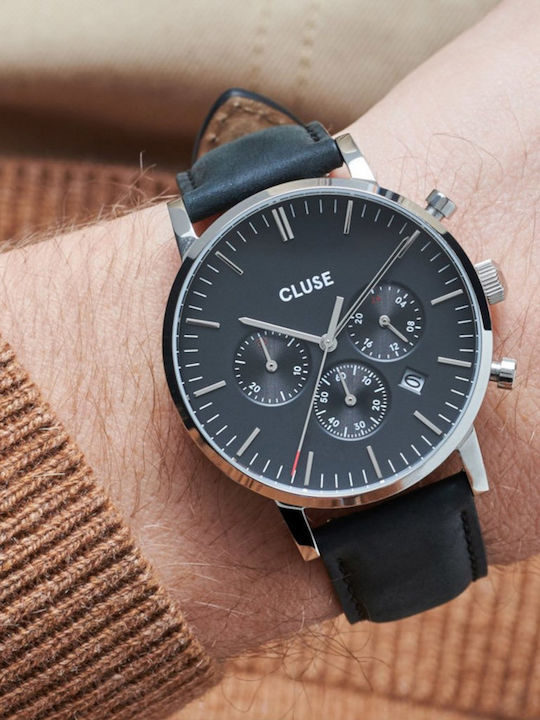 Cluse Aravis Men's Watch 40mm Chronograph Battery with Black Leather Strap