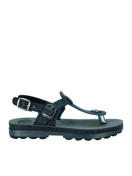 Leather Women's Flat Sandals Anatomic with Strap in Black Color
