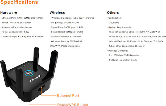 Pix-Link AC24 White WiFi Extender Dual Band (2.4 & 5GHz) 1200Mbps