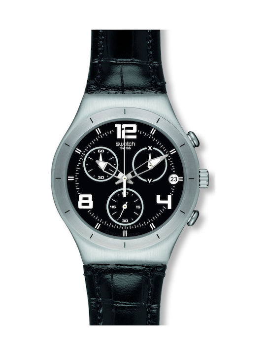 Swatch Watch Chronograph Battery with Black Leather Strap