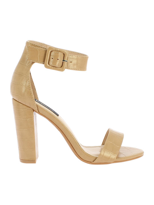 IQ Shoes Women's Sandals LM333 with Ankle Strap Beige with Chunky High Heel