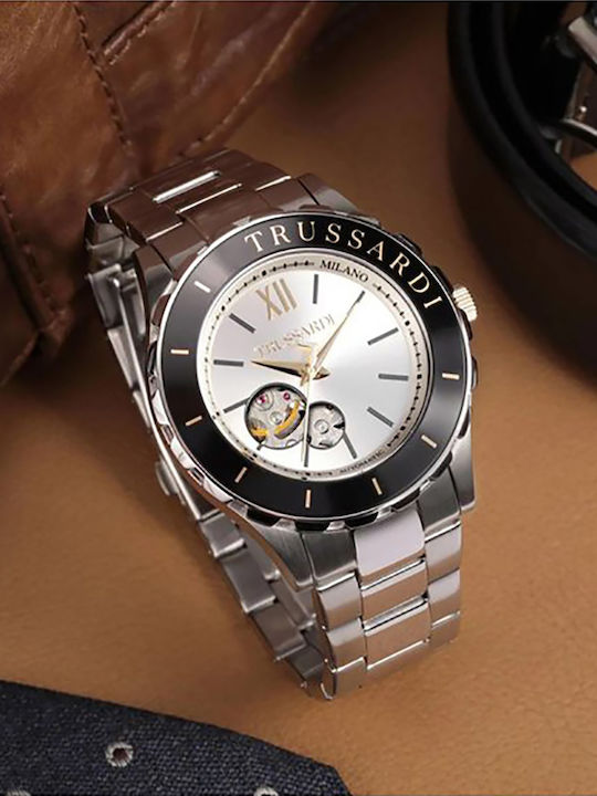 Trussardi T-Logo Herrenuhr 43mm Automatik mit Silbernem Rostfreiem Stahlarmband