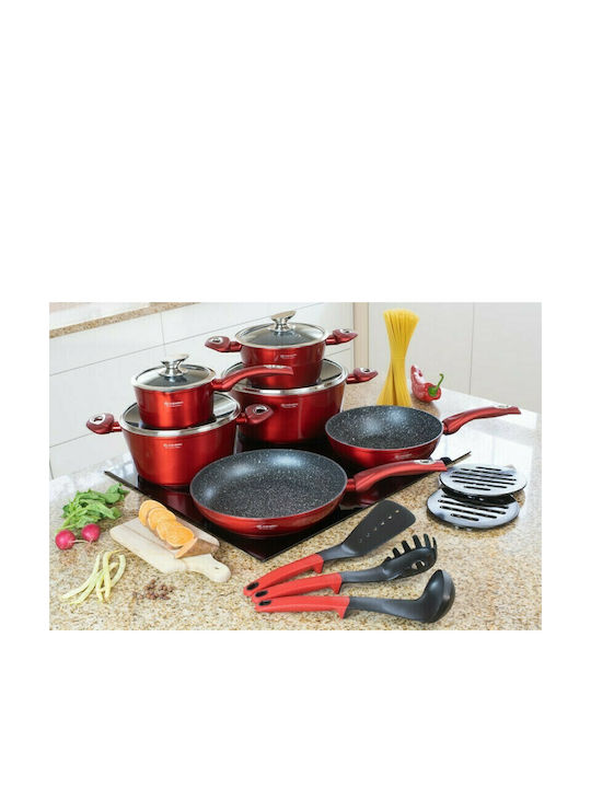 Edenberg Cookware Set of Aluminum with Stone Coating Red 15pcs