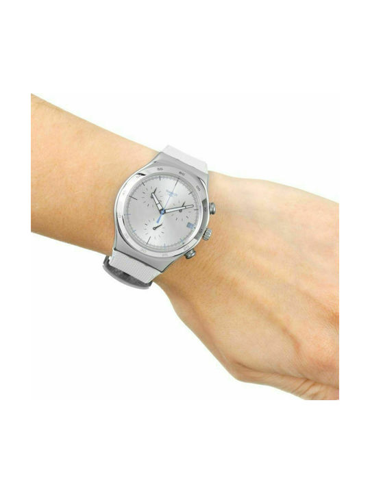 Swatch Часовник Хронограф с Бял Каучукова Каишка YCS584