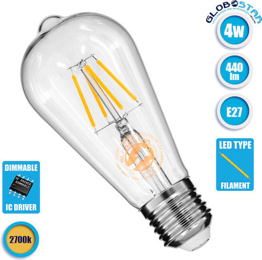 GloboStar Edison Retro LED Bulb 4W 140mm for Socket E27 and Shape ST64 Warm White 440lm Dimmable
