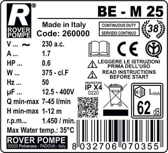 Rover Pompe BE-M 25 Einphasen-Transferpumpe mit Düse 1" und Leistung 0.8hp