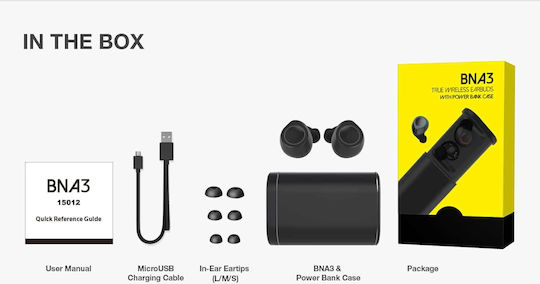 BNA3 In-ear Bluetooth Handsfree Ακουστικά με Θήκη Φόρτισης Μαύρα