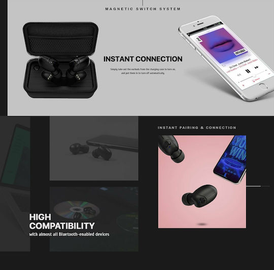 Beebud In-ear Bluetooth Handsfree Ακουστικά με Θήκη Φόρτισης Μαύρα