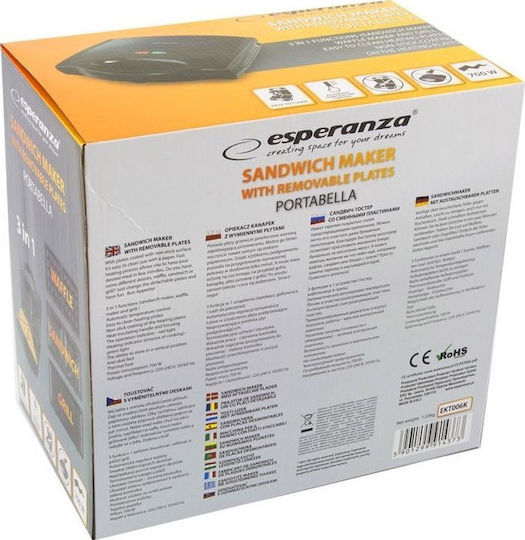 Esperanza Sandwich Maker with Removable Plates for for 2 Sandwiches Sandwiches 700W Black