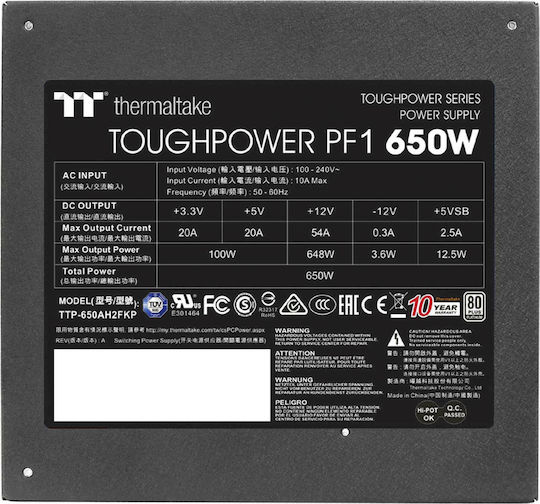 Thermaltake Toughpower PF1 650W Μαύρο Τροφοδοτικό Υπολογιστή Full Modular 80 Plus Platinum
