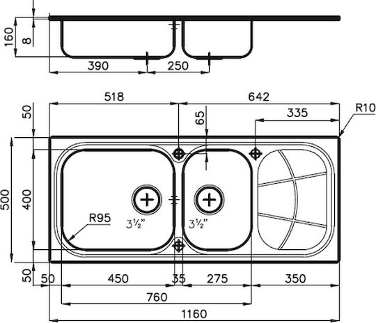 Foster Big Bowl Right-handed Drop-In Sink Right Inox Satin W116xD50cm Silver