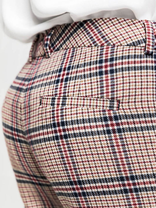 Women's Fabric Capri Trousers Slim Fit Checked Red/Navy Blue