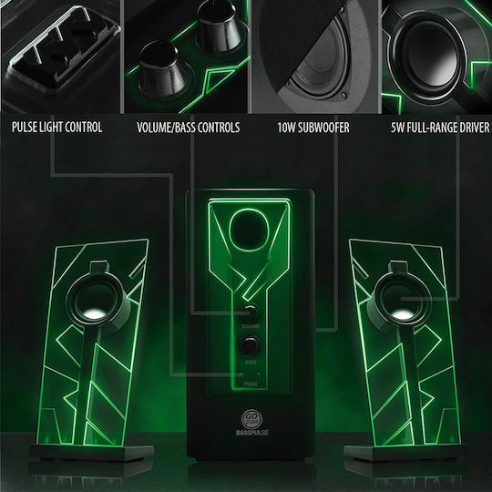 Gogroove BassPULSE Ηχεία Υπολογιστή 2.1 με Ισχύ 20W σε Πράσινο Χρώμα