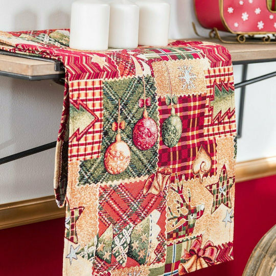 Teoran Tinsel Christmas Tablecloth Runner Fabric Red L160xW40cm.
