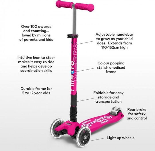 Micro Kids Foldable Maxi Deluxe LED 3-Wheel Scooter for 5+ Years Pink