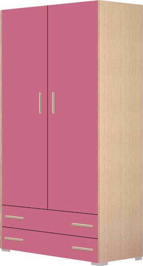 2 Zwei Türen Kinderkleiderschrank mit 2 Schubladen Eiche-Rosa 105x50x180cm
