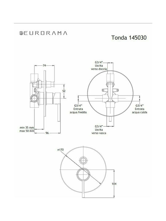 Eurorama Tonda Built-in Faucet Mixer for Shower 2 Exits Chrome