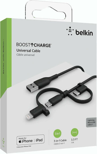 Belkin Regular USB to Lightning / Type-C / micro USB Cable Μαύρο 1m (CAC001BT1MBK)