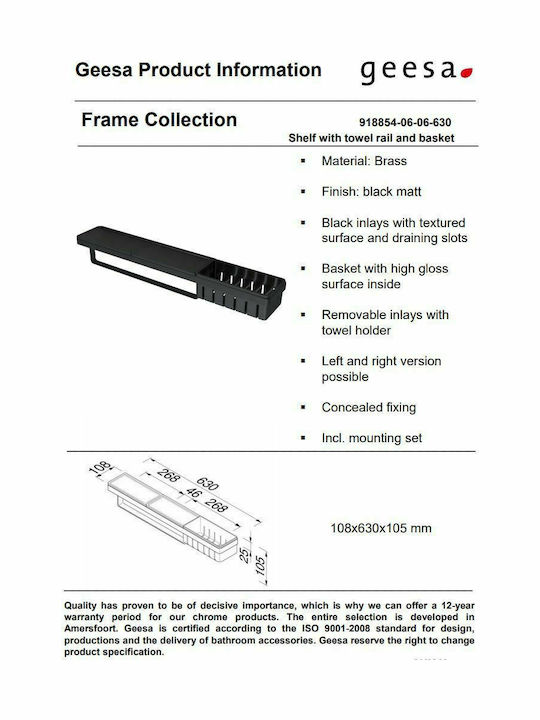Geesa Frame Wall Mounted Bathroom Shelf Metallic 63x10.8x10.5cm Black Matt Black