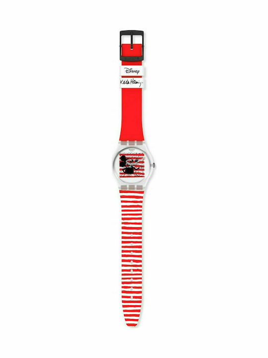 Swatch Mouse Mariniere Γυναικείο Ρολόι 34mm Μπαταρίας με Κόκκινο Καουτσούκ Λουράκι