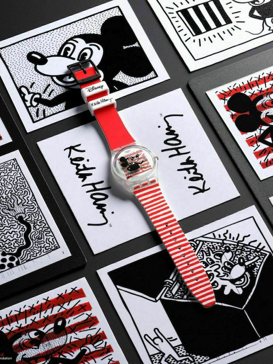 Swatch Mouse Mariniere Γυναικείο Ρολόι 34mm Μπαταρίας με Κόκκινο Καουτσούκ Λουράκι