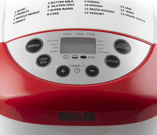 Muhler Αρτοπαρασκευαστής 850W Χωρητικότητας 1500gr με 15 Προγράμματα