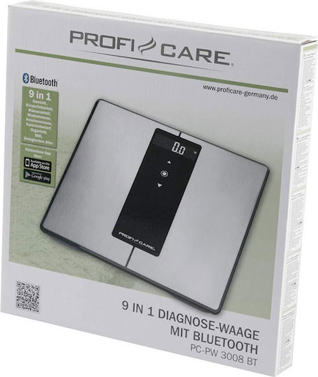 ProfiCare 9in1 Diagnose PC-PW 3008 BT Smart Badezimmerwaage 180kg mit Körperfettmessung & Bluetooth Silber