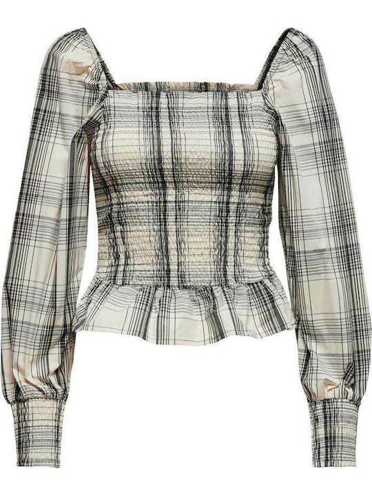 Life Women's Blouse Cotton Long Sleeve Checked Ecru/Black