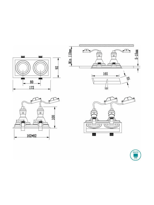 Trio Lighting Kenai Rectangle Metallic Recessed Spot with Socket GU10 Double Adjustable White 17.2x9.2cm. 1pcs