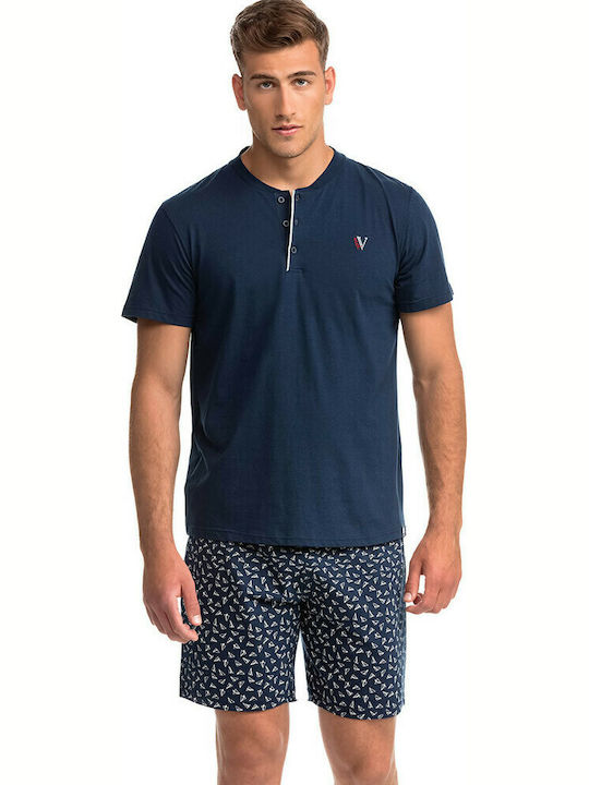 Vamp Men's Summer Cotton Pajamas Set Blue