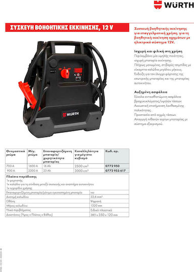 Wurth Booster Power Start WPS 12-700 Portabil Starter Baterie Auto 900A 12V