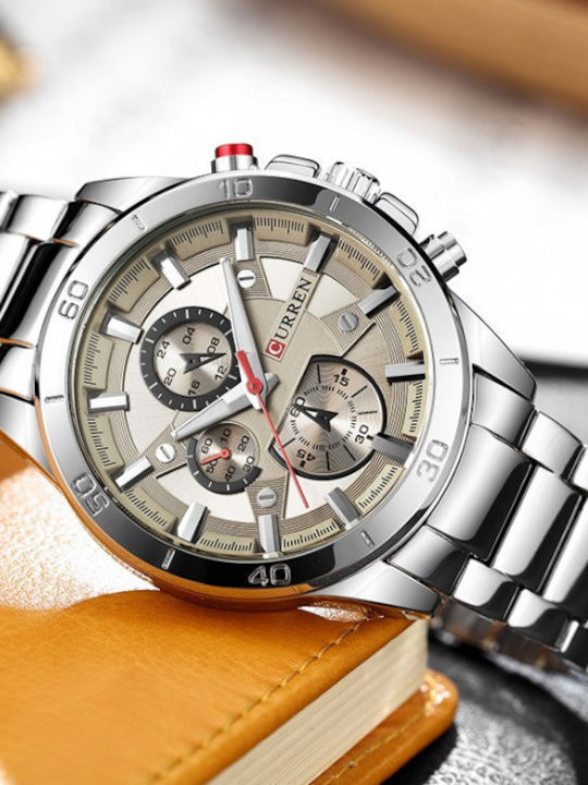Curren Men's Watch 45mm Battery with Metal Bracelet Silver/Beige