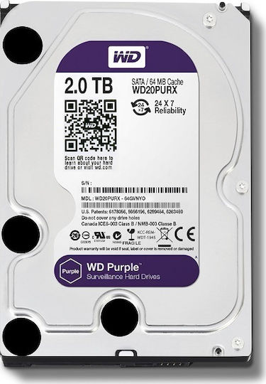 Western Digital Purple Surveillance 2TB HDD Hard Drive 3.5" SATA III 5400rpm with 64MB Cache for Recorder WD20PURX