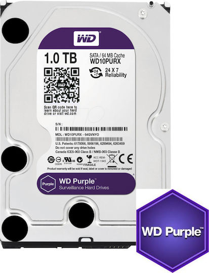 Western Digital Purple Surveillance 1TB HDD Σκληρός Δίσκος 3.5" SATA III 5400rpm με 64MB Cache για Καταγραφικό WD10PURX