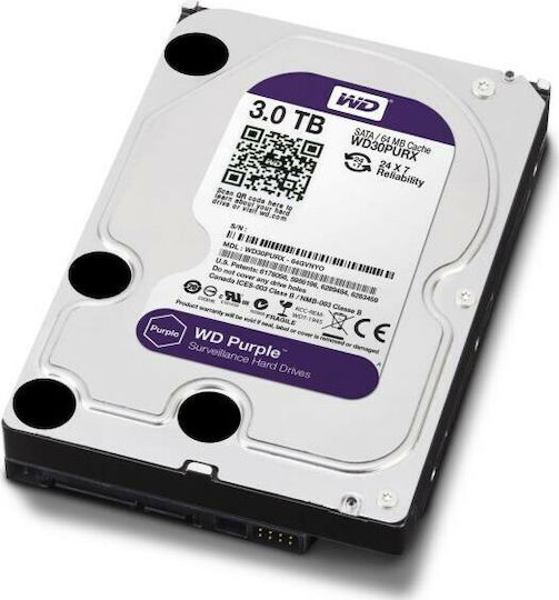Western Digital Purple Surveillance 3TB HDD Hard Drive 3.5" SATA III 5400rpm with 64MB Cache for Recorder WD30PURX