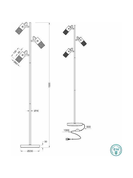 Trio Lighting Tosh Vintage Φωτιστικό Δαπέδου Υ150xΜ23εκ. με Ντουί για Λαμπτήρα E14 Μαύρο