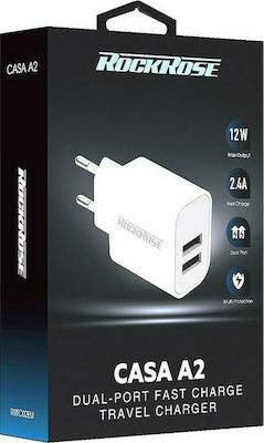 Rockrose Charger Without Cable with 2 USB-A Ports 12W Whites (Casa A2)