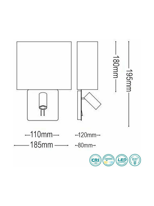 Ideal Lux Gea MAP2 Square Modern Leuchte Wand mit Fassung E27 und Schalter Weiß 11.5x19.5cm