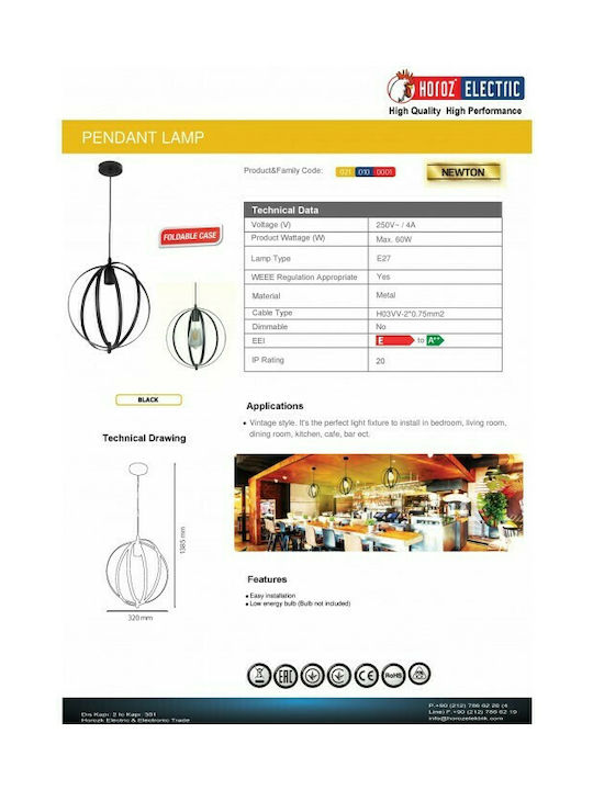 Horoz Electric Hängelampe Schwarz mit Fassung E27