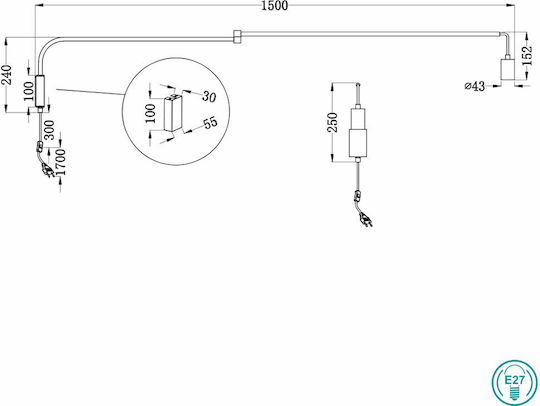 Trio Lighting Line Vintage Lamp Wall Socket with Socket E27 and Switch Black 150x5cm