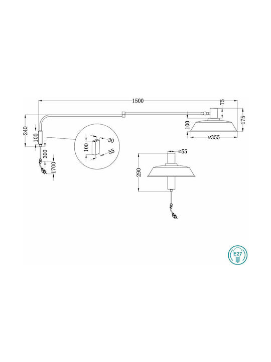 Trio Lighting Bolder Винтидж Осветително тяло За стена С щепсел с фасунга E27 и ключ Черен 35.5x29см.